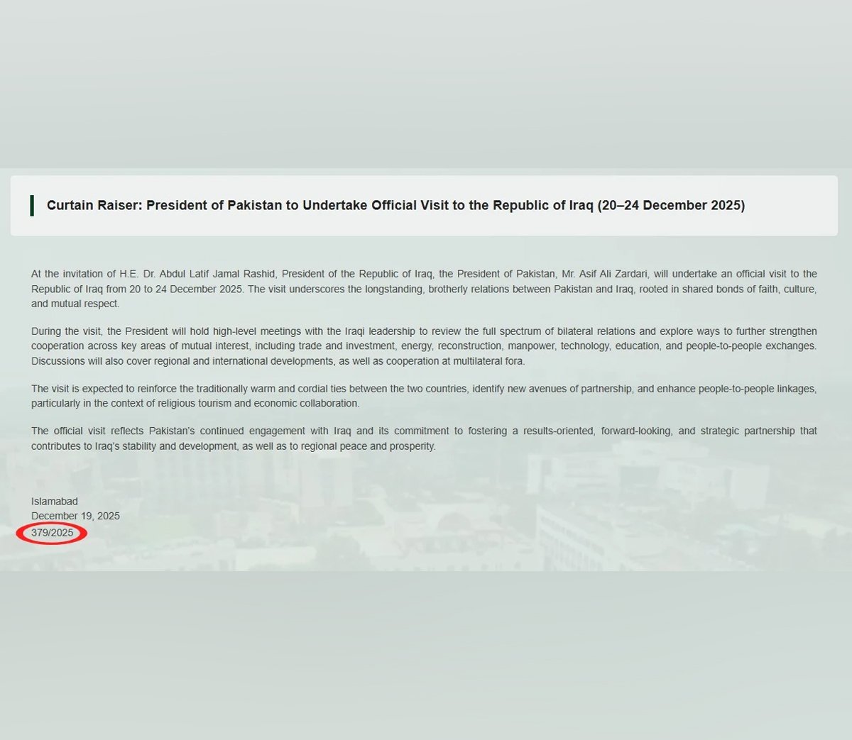 An authentic press release issued by Pakistan’s Ministry of Foreign Affairs, showing a serial number.