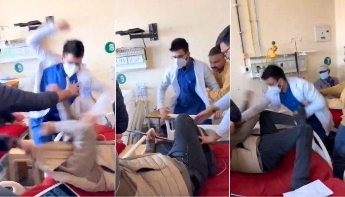 An Indian doctor thrashes a patient in Indira Gandhi Medical College of Shimla. — X/@manaman_chhina