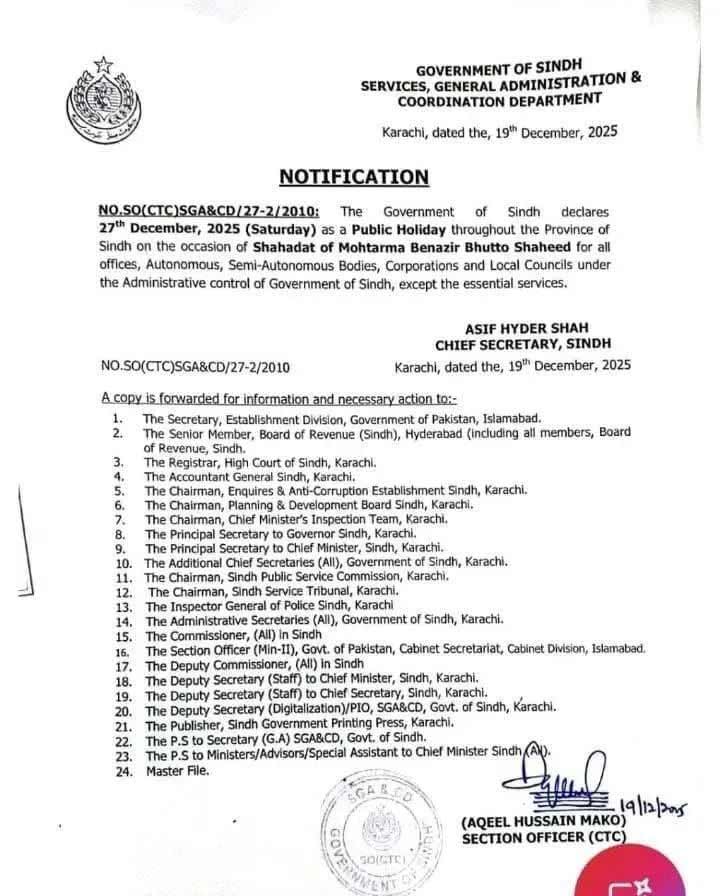 Sindh announces public holiday on Dec 27