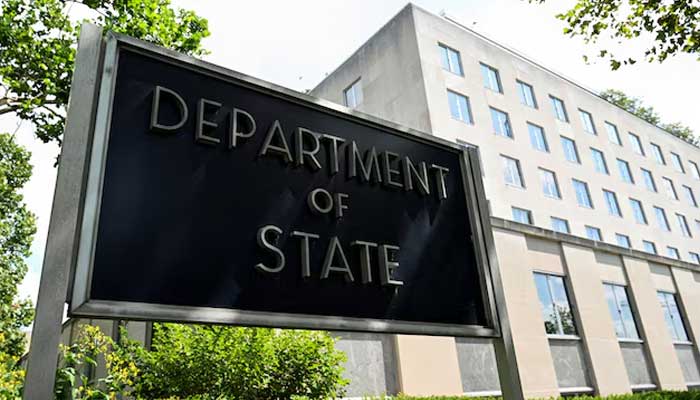 A general view of a US State Department sign outside the US State Department building in Washington, DC, US, July 11, 2025. — Reuters