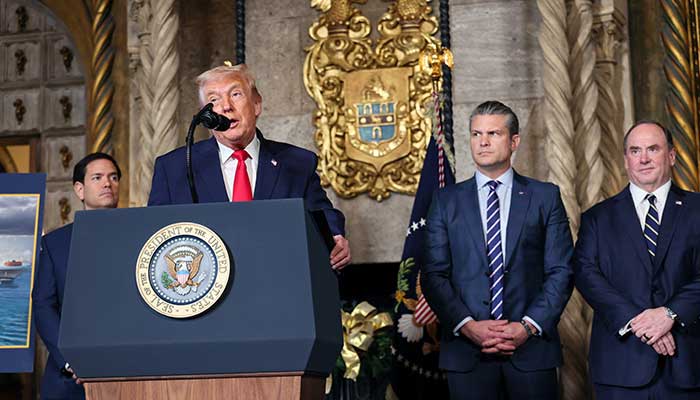 US President Donald Trump makes an announcement about the Navys Golden Fleet, as Secretary of State Marco Rubio, Secretary of Defense Pete Hegseth and Secretary of the Navy John Phelan listen, at Mar-a-lago in Palm Beach, Florida, US, December 22, 2025. — Reuters
