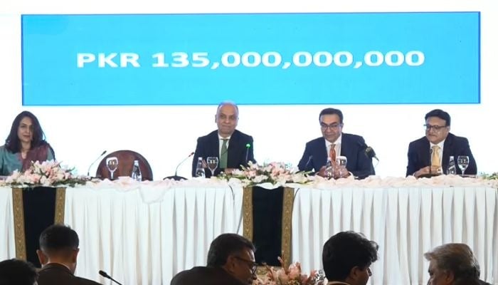 Privatisation Commission officials during the bidding process for the Pakistan International Airlines (PIA) in Islamabad, December 23, 2025. — Screengrab via YouTube/Geo News