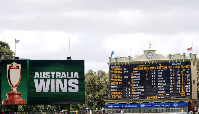 This image shows general view of the scoreboard as Australia wins the match and retain the Ashes. — Reuters
