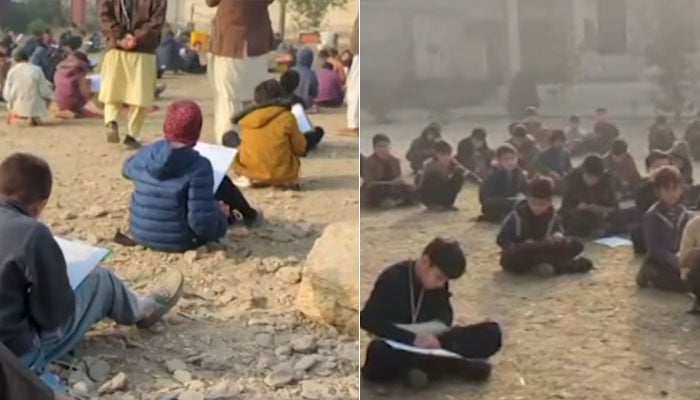 This collage shows students of Government Primary School studying in open ground amid harsh winter conditions in Mohmand district of Khyber Pakhtunkhwa. — Screengrab via Geo News