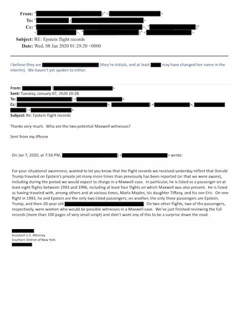 An email discussing Jeffrey Epsteins private jet flight records mentioned Donald Trump in this image released by the Department of Justice, on December 23, 2025. Reuters