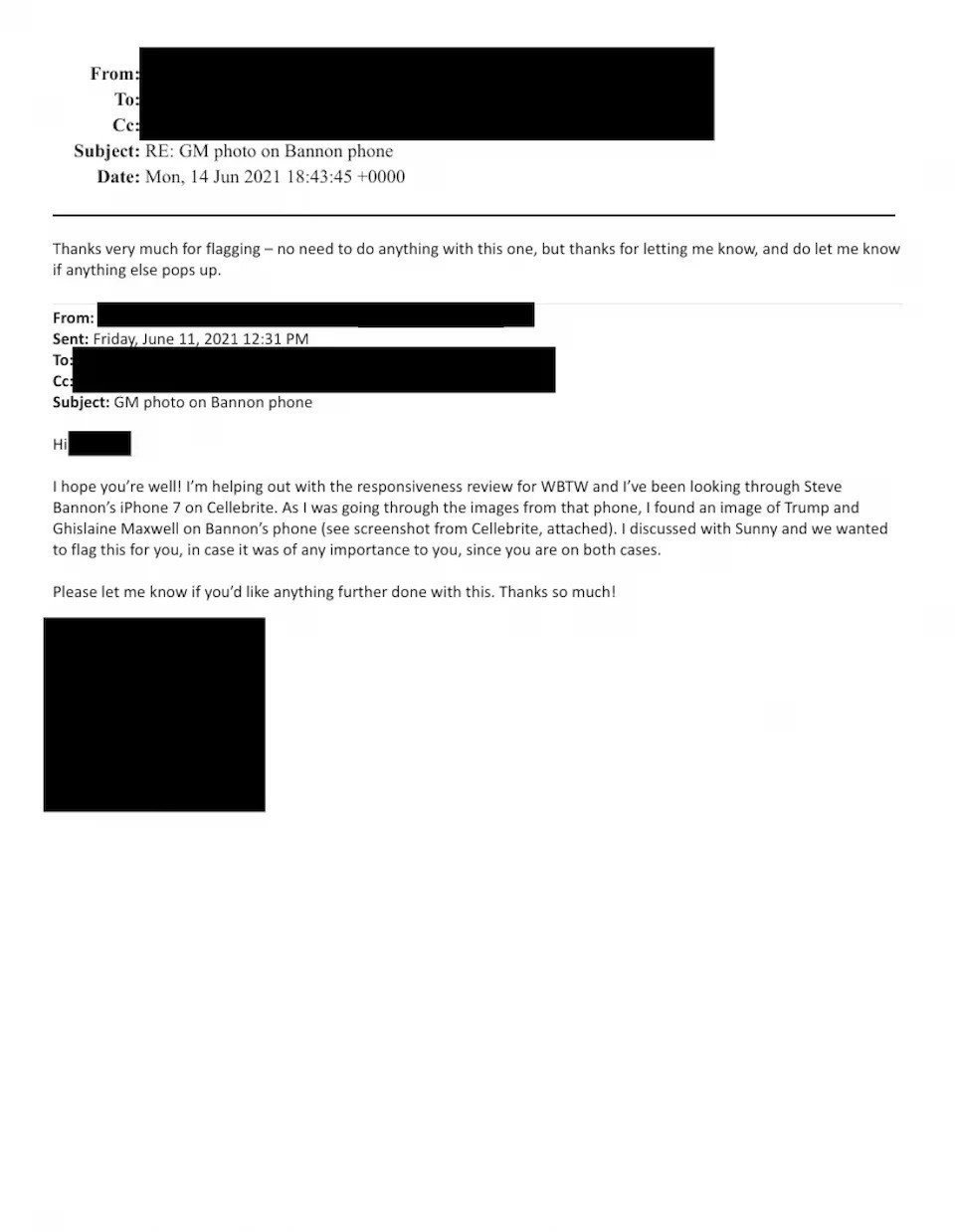 An email discussing a purported photo of Jeffrey Epstein and Donald Trump on Steve Bannons phone is shown in this image released by the Department of Justice, December 23, 2025. — Reuters