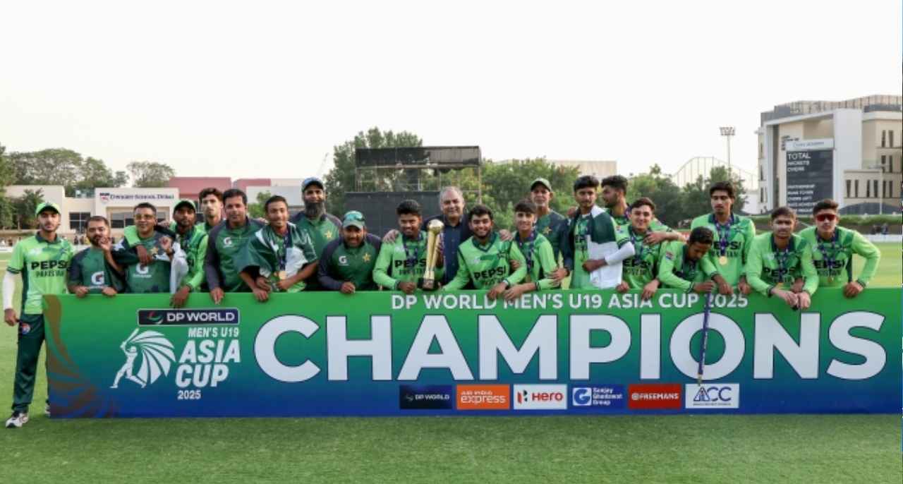 Pakistan players celebrate with the trophy after winning the ACC Mens U19 Asia Cup 2025 by defeating India in the final at the ICC Academy in Dubai on December 21, 2025. — PCB