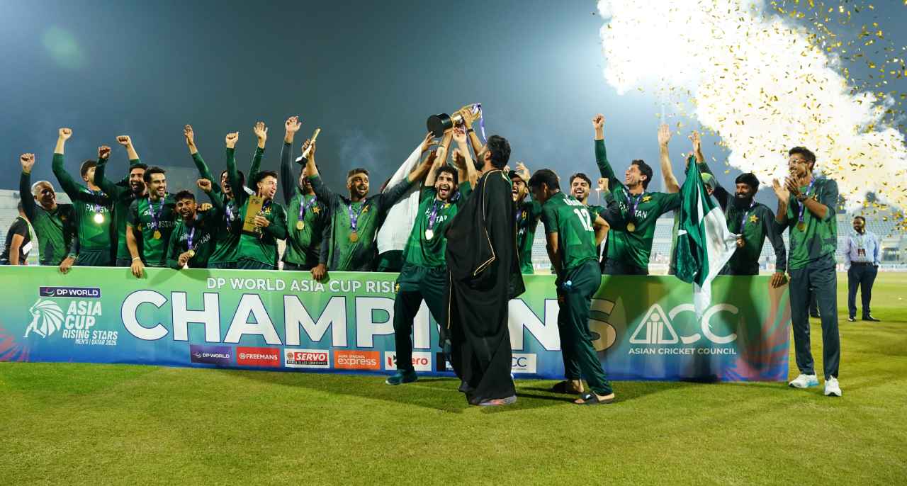 Pakistan Shaheens team and management celebrate after winning the ACC Mens Asia Cup Rising Stars 2025 by defeating Bangladesh A in the final at the West End Park International Cricket Stadium in Doha, Qatar, on November 23, 2025. – ACC