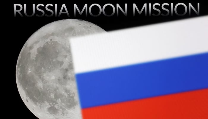 The words Russian Moon Mission, Moon and a Russian flag are seen in this illustration, August 21, 2023. — Reuters