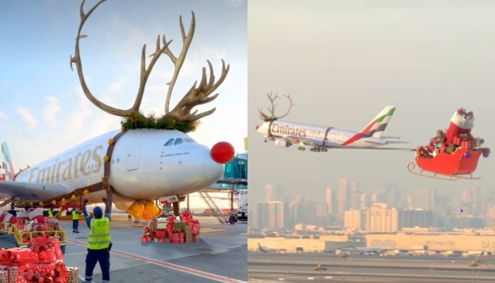 A collage of screengrabs taken from a video showing Emirates Sleigh380 for Christmas. — Instagram@emirates