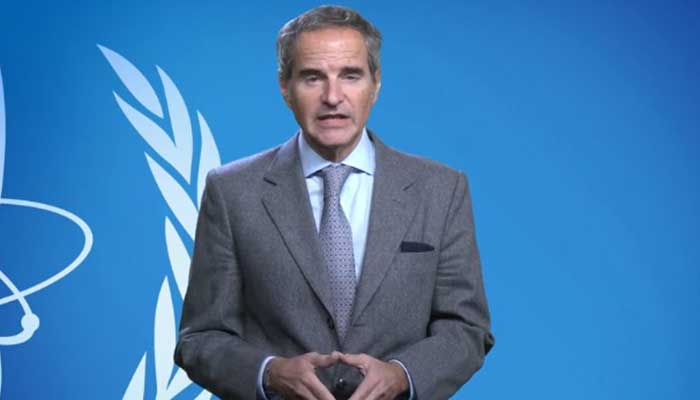 IAEA DG  Rafael Mariano Grossi speaks during a video statement. — X@ForeignOfficePk