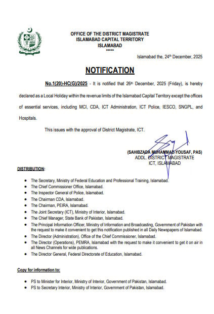 Local holiday in Islamabad on Dec 26