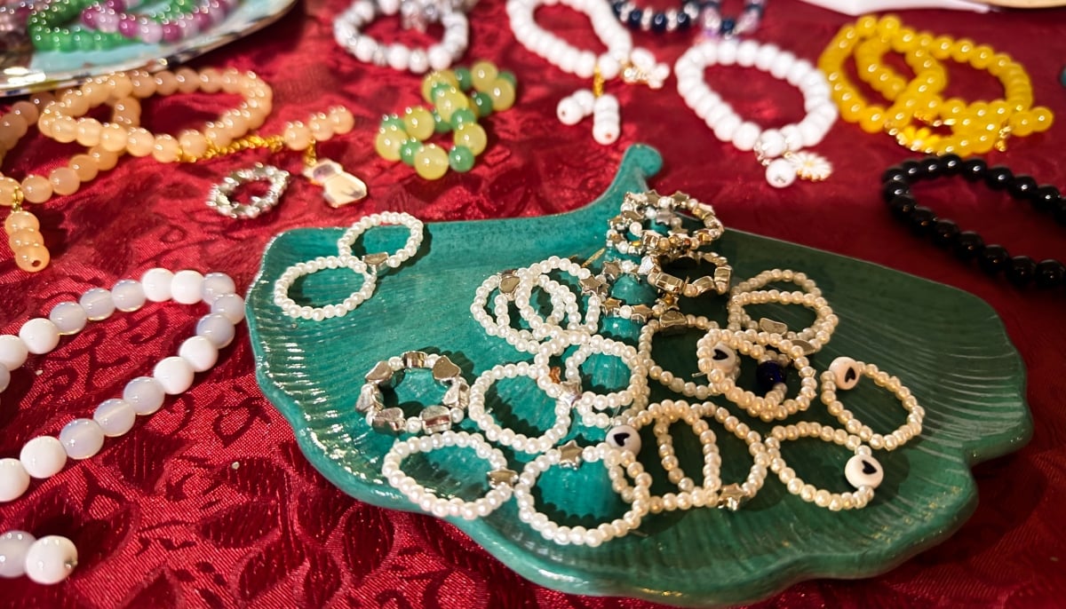 Jewellery items at display by Genesis Provisions at the Alliance Française de Karachi. — Photo by author