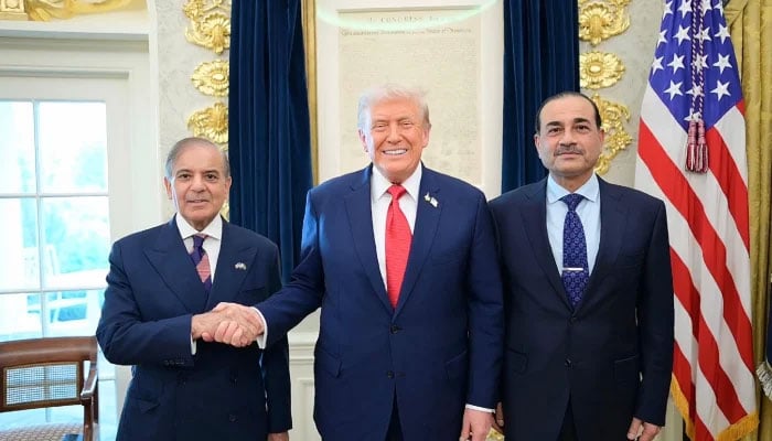 (Left to right) Prime Minister Shehbaz Sharif, US President Donald Trump, and CDF Field Marshal Syed Asim Munir pose for a photo at the White House in Washington, on September 25, 2025. — X@GovtofPakistan