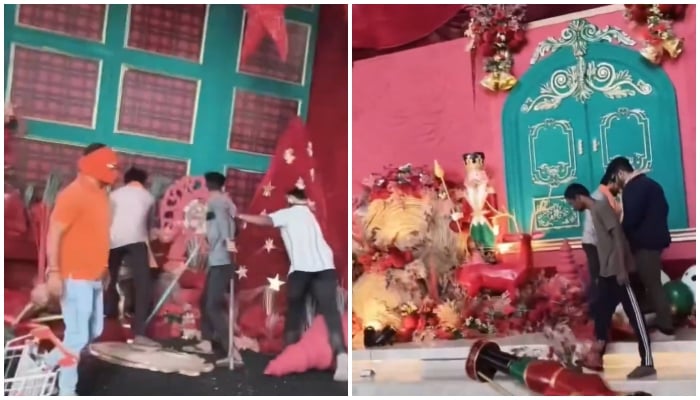 This collage of screengrabs, taken from a video, shows a group of armed men vandalising Christmas decorations in Raipur, Chhattisgarh, India, December 24, 2025. — X@zoo_bear
