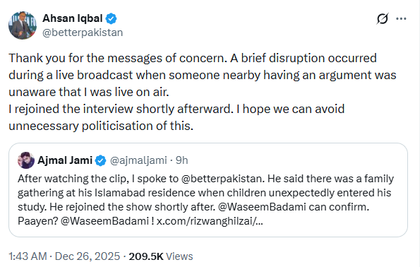 Ahsan Iqbal issues clarification on disruption during live TV show