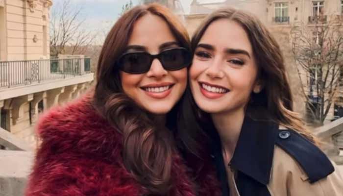 Pakistani actress Nimra Khan (left) with Hollywood actress Lily Collins in this AI-generated photo. — Instagram/@nimrakhan_official