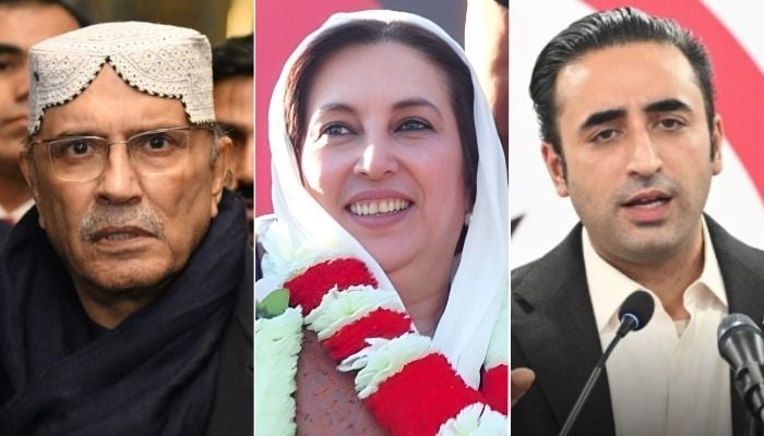 This collage shows President Asif Ali Zardari (left), late Benazir Bhutto (centre), and PPP Chairman Bilawal Bhutto Zardari. — Facebook/PressOfPakistan/Radio Pakistan/X@MediaCellPPP