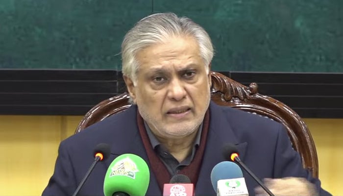 DPM Ishaq Dar addresses a news conference in Islamabad on December 27, 2025. — Screengrab via GeoNews
