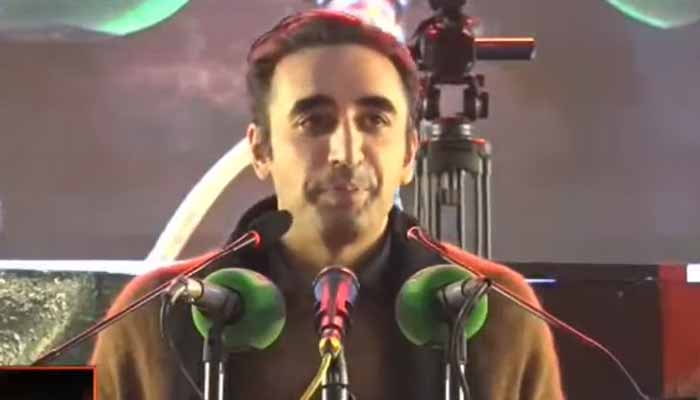 PPP Chairman Bilawal Bhutto-Zardari addresses public gathering related to the 18th death anniversary of slain leader Benazir Bhutto in Gari Khuda Baksh, December 27, 2025. — Screengrab via YouTube/Geo News