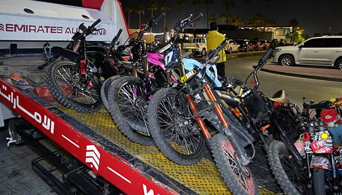 This image shows e-bikes seized by Dubai Police at Kite Beach sports tracks. — X/@DubaiPoliceHQ