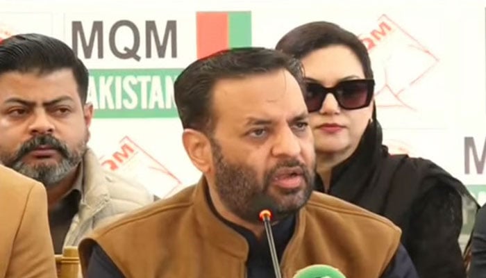 MQM-P leader and Federal Minister for Health Syed Mustafa Kamal is addressing a press conference in Karachi on December 28, 2025. — Screengrab via Geo News