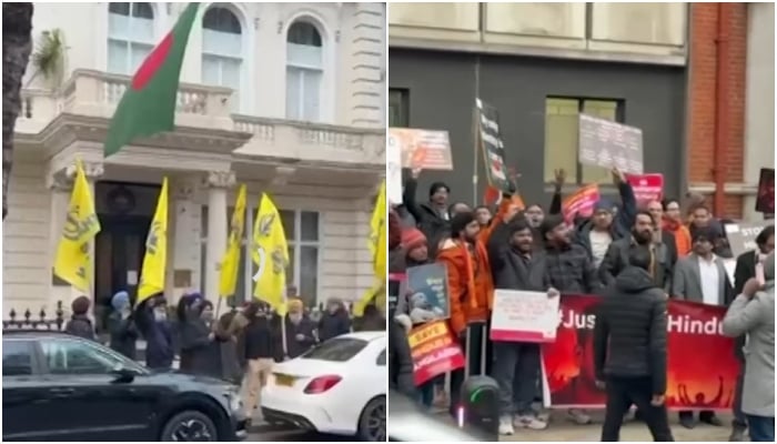 Sikh activist and Hindu groups protest outside Bangladesh Embassy in London, UK on December 28, 2025. — Geo News