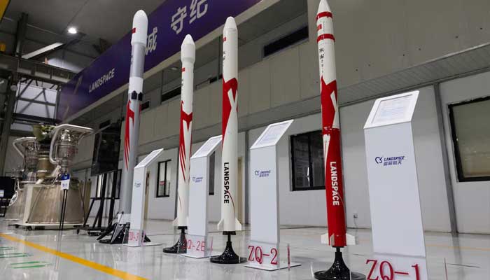 A range of models of space rocket carriers and engines manufactured by China’s private rocket company LandSpace are set up on display at its factory in Huzhou, Zhejiang province, China on December 17, 2025. — Reuters