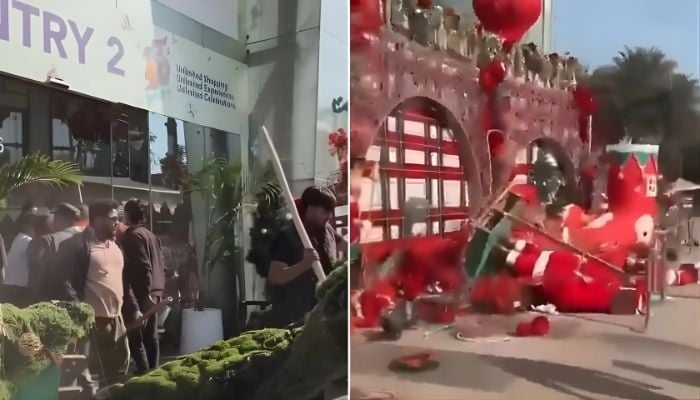 This collage of screengrabs, taken from a video, shows a group of armed men vandalising Christmas decorations in Raipur, Chhattisgarh, India, December 24, 2025. — X@zoo_bear