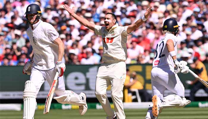 Australia’s Scott Boland (centre) appeals for a successful LBW call against England batsman Zak Crawley (left) on the second day of the fourth Ashes cricket Test match between Australia and England at the Melbourne Cricket Ground (MCG) in Melbourne on December 27, 2025. — AFP