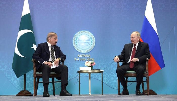 Prime Minister Shehbaz Sharif in a meeting with Russias President Vladimir Putin on the sidelines of the Shanghai Cooperation Organisation summit, July 3, 2024. — en.kremlin.ru