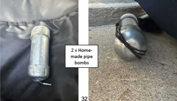 This handout photo from a court exhibit released by the NSW Courts shows two undetonated pipe bombs, on preliminary analysis were assessed as viable IEDs, which had been allegedly thrown towards the crowd during the December 14 Bondi Beach shooting in Sydney. — AFP