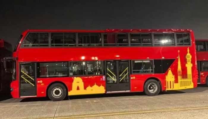 Double-decker bus is seen at Karachi port. — X@sharjeelinam