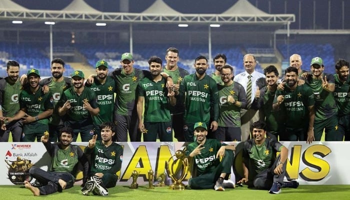 Pakistan players celebrate after clinching the T20I tri-series title with a victory over Afghanistan in the final at the Sharjah Cricket Stadium on September 7, 2025. — AFP