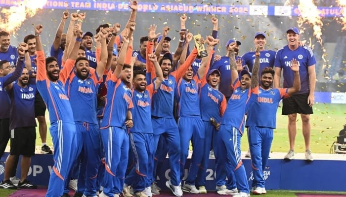 Team India celebrates after lifting the ACC Men’s Asia T20 Cup 2025 trophy following their victory over Pakistan in the final at the Dubai International Cricket Stadium on September 28, 2025. —  ACC