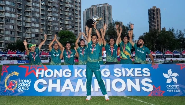 Pakistan Shaheens celebrate after clinching the Hong Kong Super Sixes 2025 title with a win over Kuwait in the final at Mission Road Ground, Mong Kok, on November 9, 2025. — PCB
