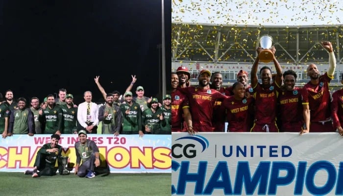The photo collage shows Pakistan lifting the T20I series trophy (left) and the West Indies celebrating their ODI series triumph. — AFP