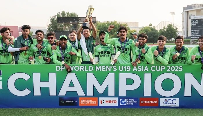 Pakistan Shaheens celebrate after winning the ACC Men’s U19 Asia Cup 2025 title with a victory over India in the final at the ICC Academy in Dubai, on December 21, 2025. — PCB