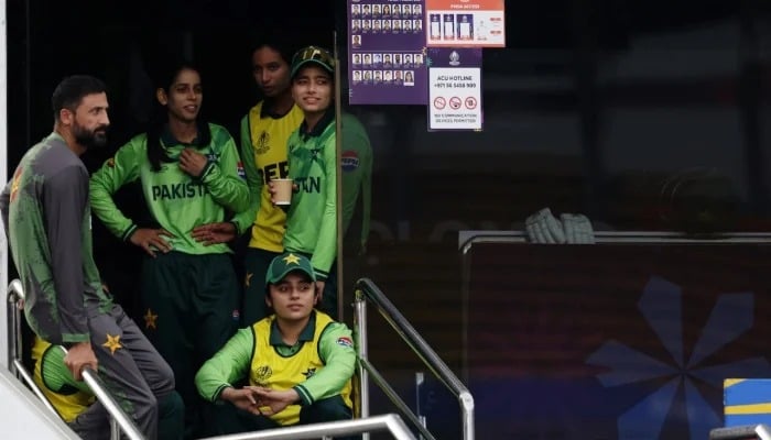 Pakistan players watch the rain from the dressing room during the Women’s World Cup 2025 clash against New Zealand in Colombo on October 18, 2025. — ICC