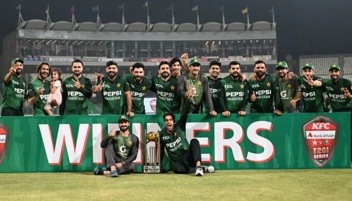 Pakistan players celebrate with the series trophy after whitewashing Bangladesh in the three-match T20I series at the Gaddafi Stadium in Lahore on June 1, 2025. — PCB