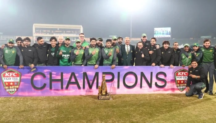 Pakistan players celebrate after winning the T20I tri-series title with a victory over Sri Lanka in the final at Rawalpindi Cricket Stadium on November 29, 2025. — PCB