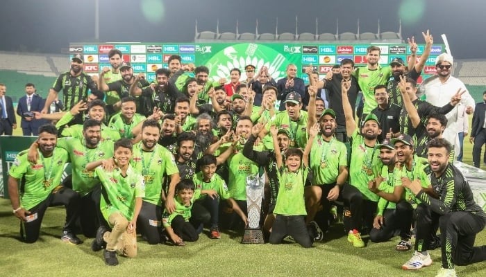 Lahore Qalandars celebrate after securing their third Pakistan Super League title with a win over Quetta Gladiators in the final at the Gaddafi Stadium, Lahore, on May 25, 2025. — PCB