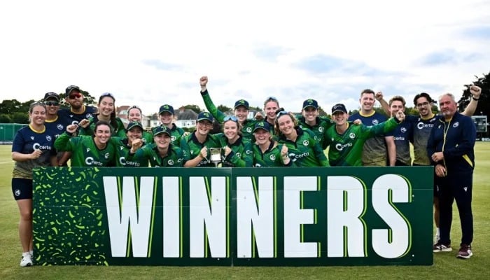 Ireland players celebrate their 2-1 series win over Pakistan in the third T20I in Dublin on August 10, 2025. — AFP