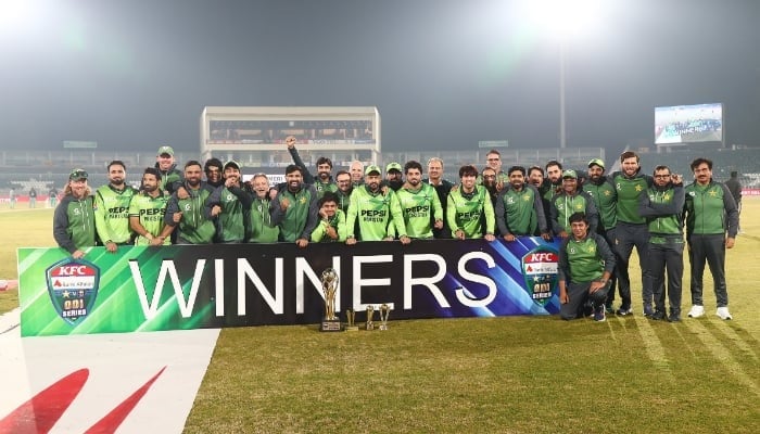 Pakistan players celebrate after clinching the ODI series title with a win over Sri Lanka in the final at Rawalpindi Cricket Stadium on November 16, 2025. — PCB