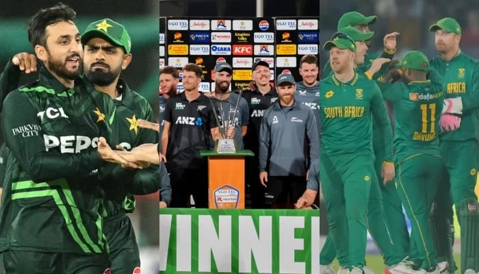 The collage of photos features the Pakistan team (left), tri-series champions New Zealand (centre), and South Africa during the ODI tri-series at the National Bank Stadium in Karachi in February 2025. — PCB