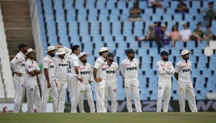 Pakistan players pause in anticipation after reviewing a caught-behind appeal during Day 4 of the first Test against South Africa in Centurion on December 29, 2024. — AFP