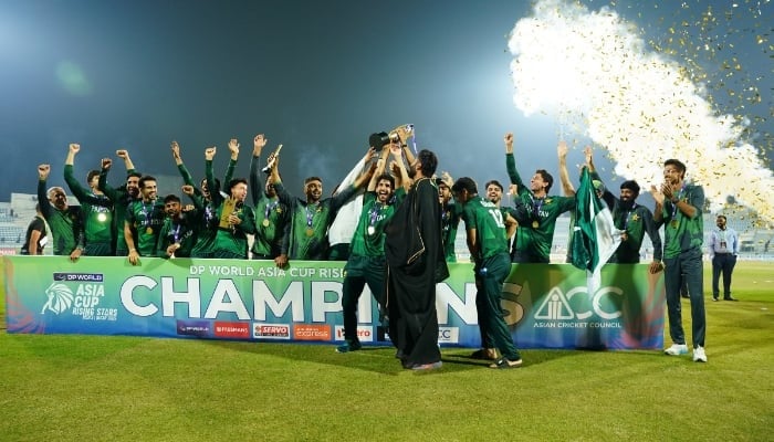 Pakistan Shaheens celebrate after winning the ACC Men’s Asia Cup Rising Stars 2025 title with a victory over Bangladesh A in the final at West End Park International Cricket Stadium, Doha, on November 23, 2025. — PCB