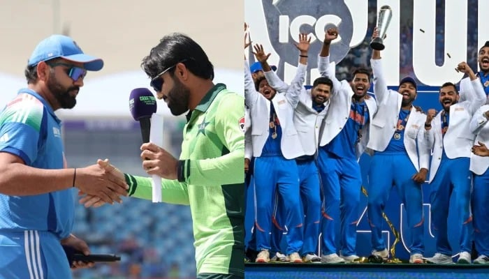 The photo collage shows Pakistan captain Mohammad Rizwan shaking hands with India’s Rohit Sharma (left), while Team India celebrates after lifting the Champions Trophy 2025 by defeating New Zealand in the final. — ICC