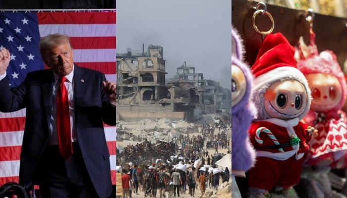 A collage of US President Donald Trump, Gazans returning to their ruined houses, and viral Labubu dolls. — Reuters