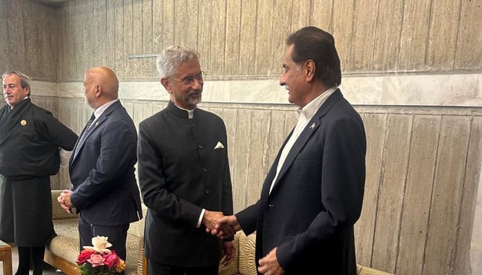 Na Speaker Ayaz Sadiq and  Indian External Affairs Minister shake hands in Dhaka on December 31, 2025. — X/@AnasMallick